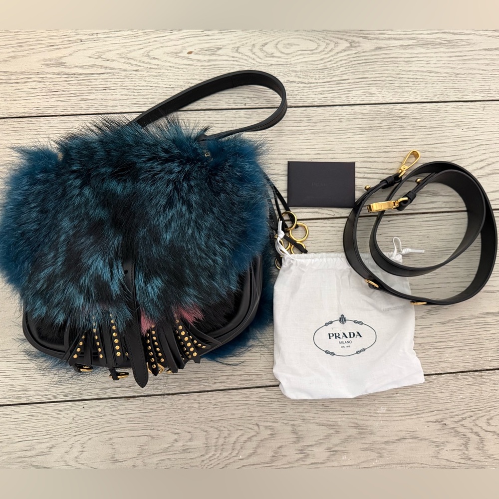 PRADA CORSAIRE FOX-FUR AND LEATHER SHOULDER BAG IN BLUE - Picture 9 of 13